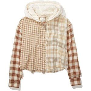 American Eagle Cropped Hooded Multicolor Brown And Tan Flannel Shirt Size Small